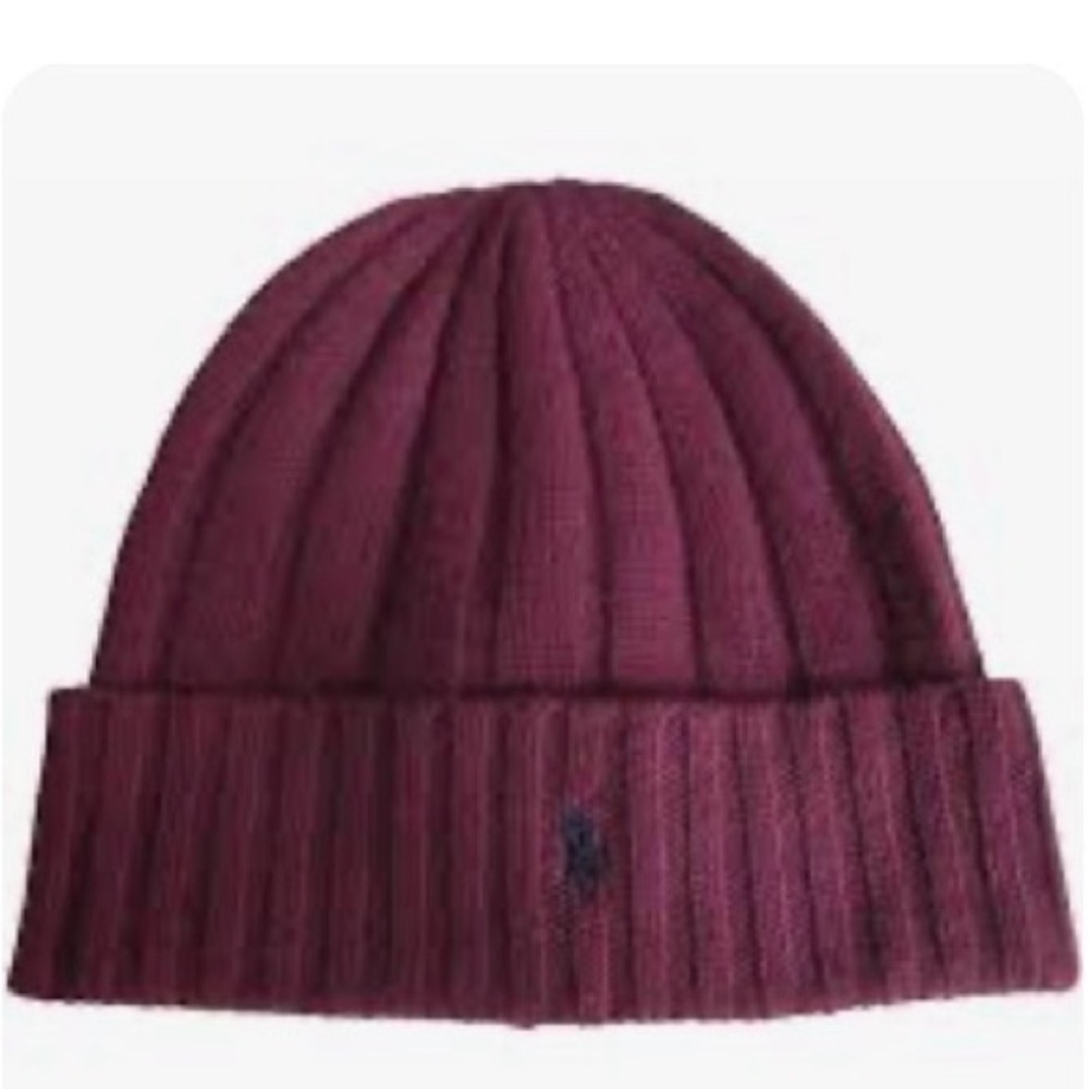 Men's Polo Ralph Lauren Burgundy Knit Beanie Hat With Blue Logo 50/50 Wool/Nylon